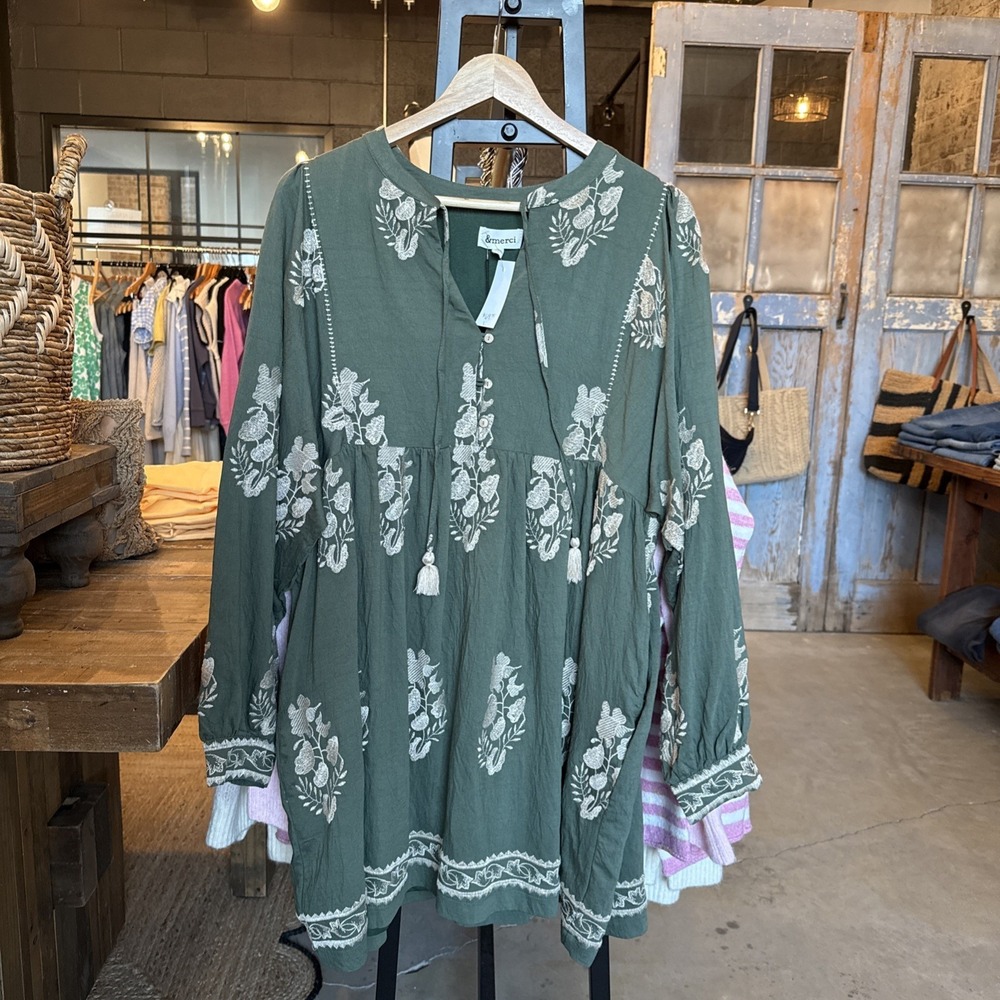& Merci Green Dress Boho Floral Embroidered Spring Size L